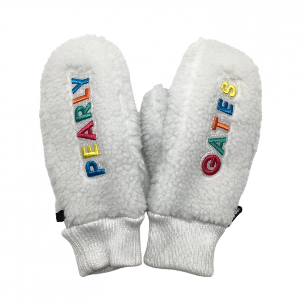 【超美品】パーリーゲイツ ミトングローブ 手袋 白×マルチ ボア ロゴ刺しゅう レディース  ゴルフウェア PEARLY GATES