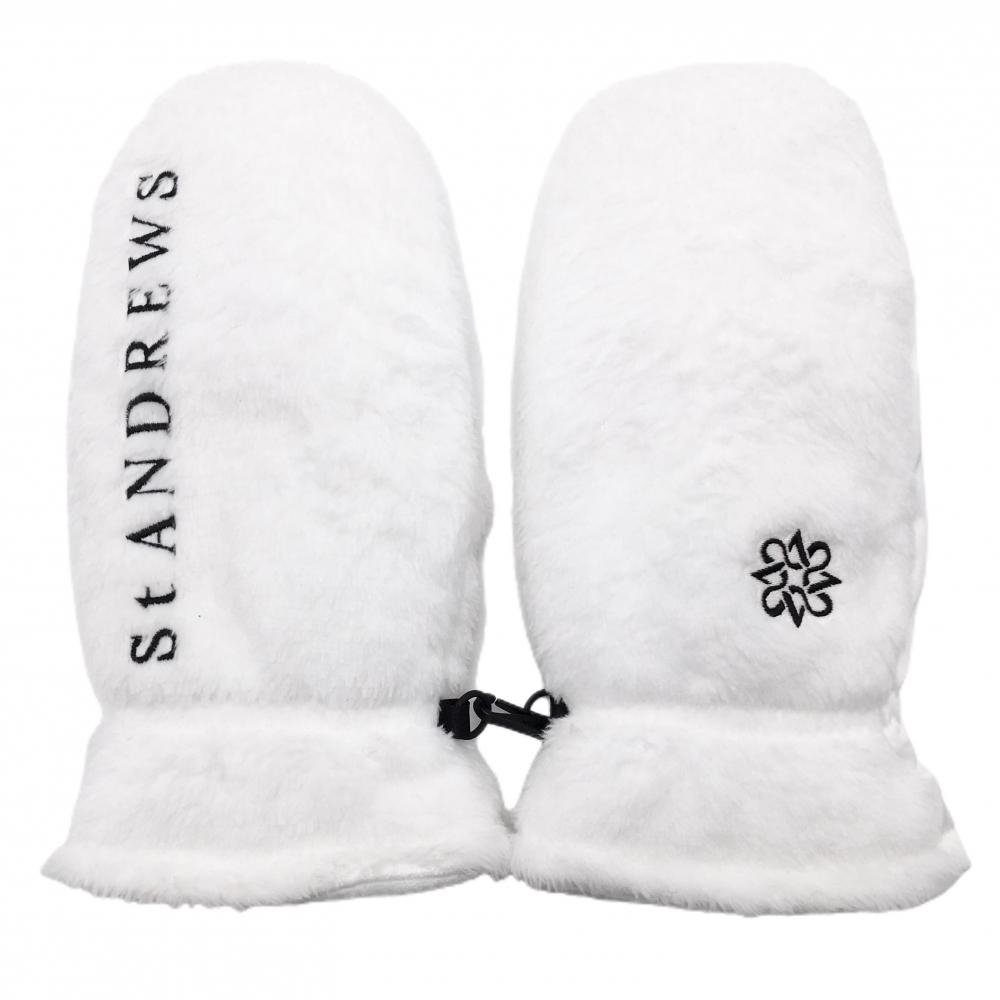 【超美品】セントアンドリュース 手袋 白×黒 ボア ミトングローブ ロゴ刺しゅう レディース  ゴルフウェア St ANDREWS