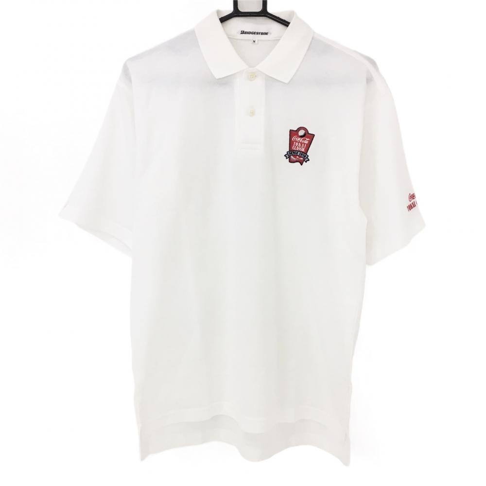 【美品】ブリヂストン 半袖ポロシャツ 白×レッド ワッペン 袖刺しゅう メンズ M ゴルフウェア Bridgestone