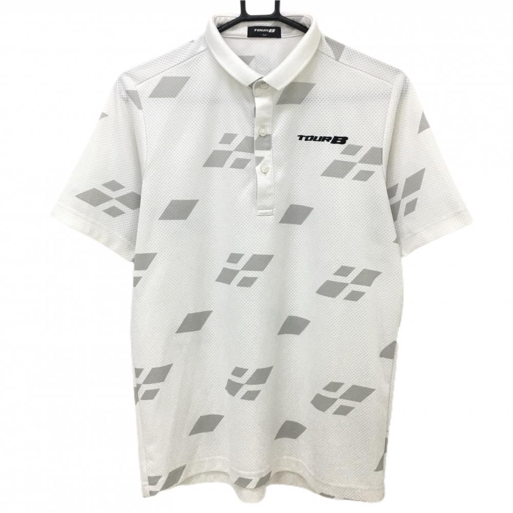 ブリヂストンTOURB 半袖ポロシャツ 白×グレー 総柄 織生地 メンズ M ゴルフウェア Bridgestone