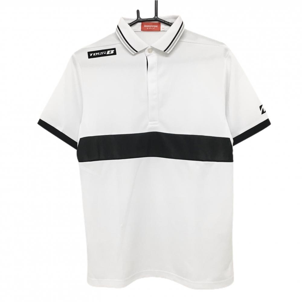 【超美品】ブリヂストンTOURB 半袖ポロシャツ 白×黒 織生地 ロゴプリント メンズ M ゴルフウェア Bridgestone