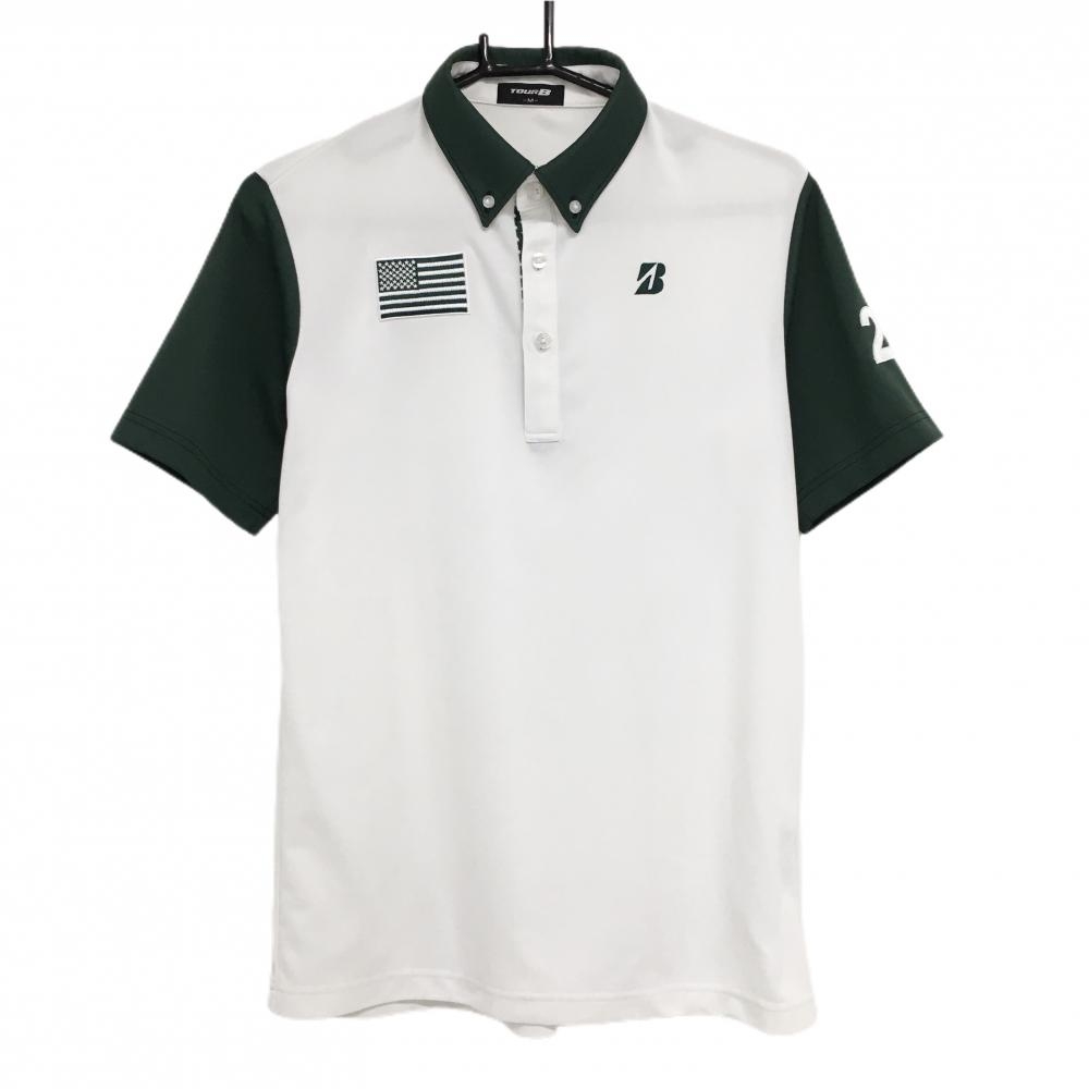 【超美品】ブリヂストンTOURB 半袖ポロシャツ 白×グリーン ボタンダウン メンズ M ゴルフウェア Bridgestone