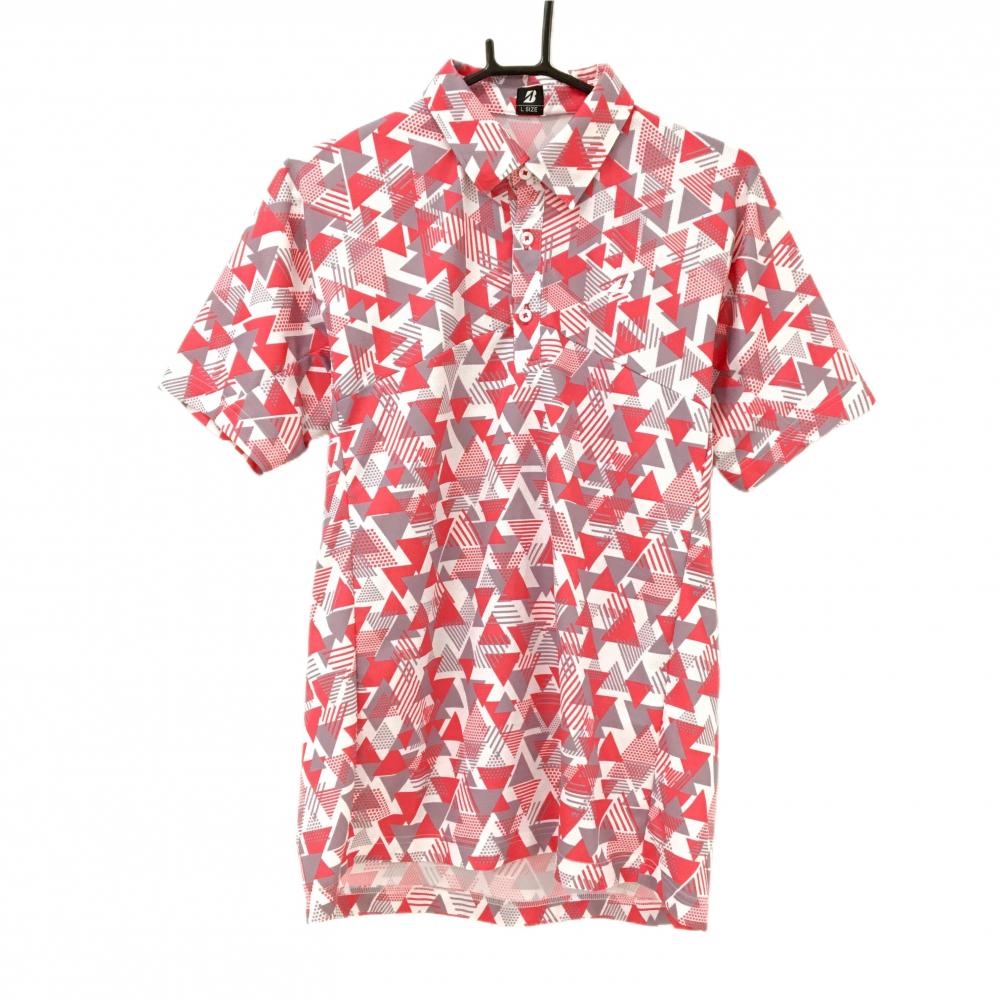 【超美品】ブリヂストン 半袖ポロシャツ 白×レッド 総柄 ロゴ メンズ L ゴルフウェア Bridgestone