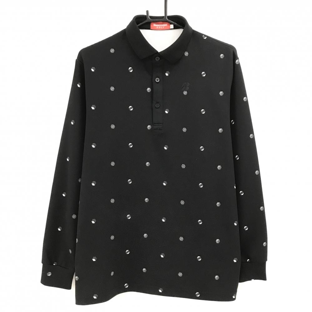 ブリヂストンゴルフ 長袖ポロシャツ 黒×白×グレー 総柄 胸ロゴ メンズ Ｌ ゴルフウェア Bridgestone