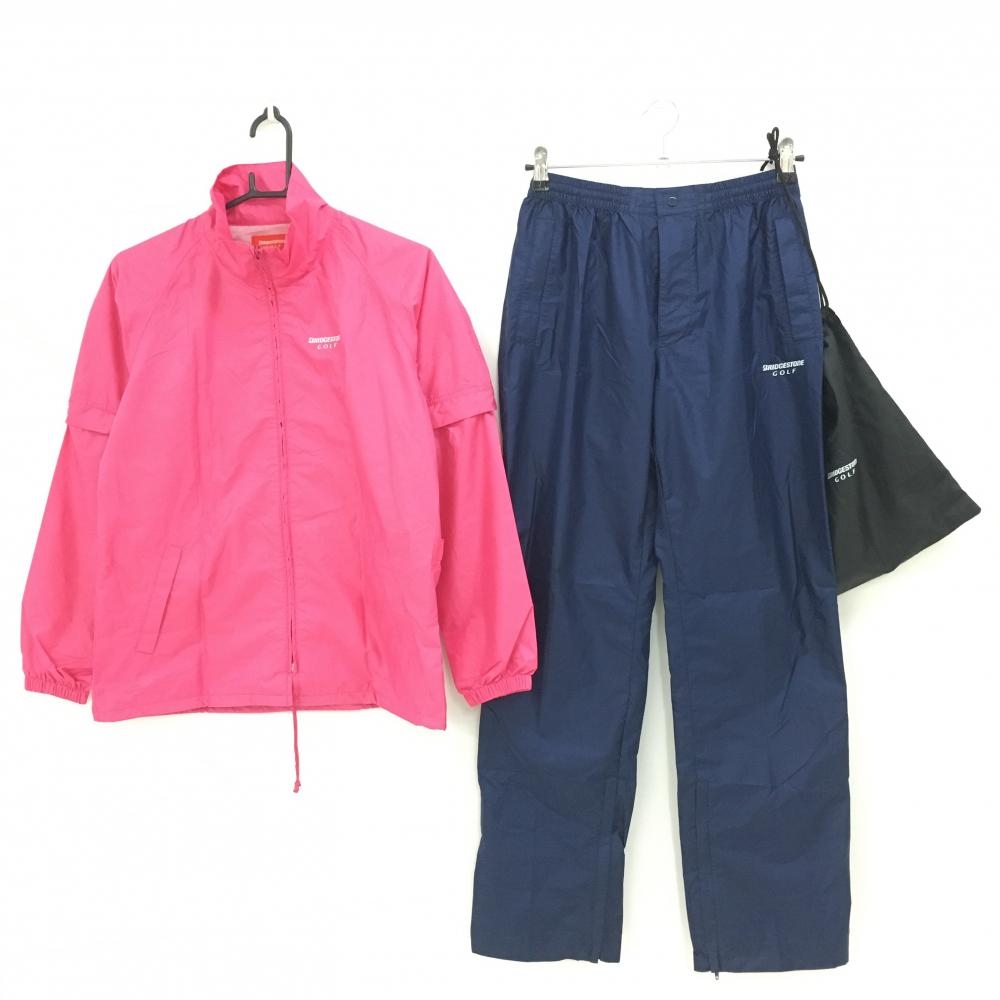 【美品】ブリヂストンゴルフ レインウェア(2WAYジャケット×パンツ) ピンク×黒  レディース M ゴルフウェア Bridgestone