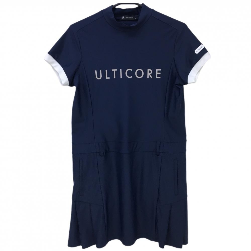 【美品】ブリヂストン 半袖ハイネックワンピース ネイビー×白 ULTICORE サイドプリーツナイロン混 レディース L ゴルフウェア Bridgestone