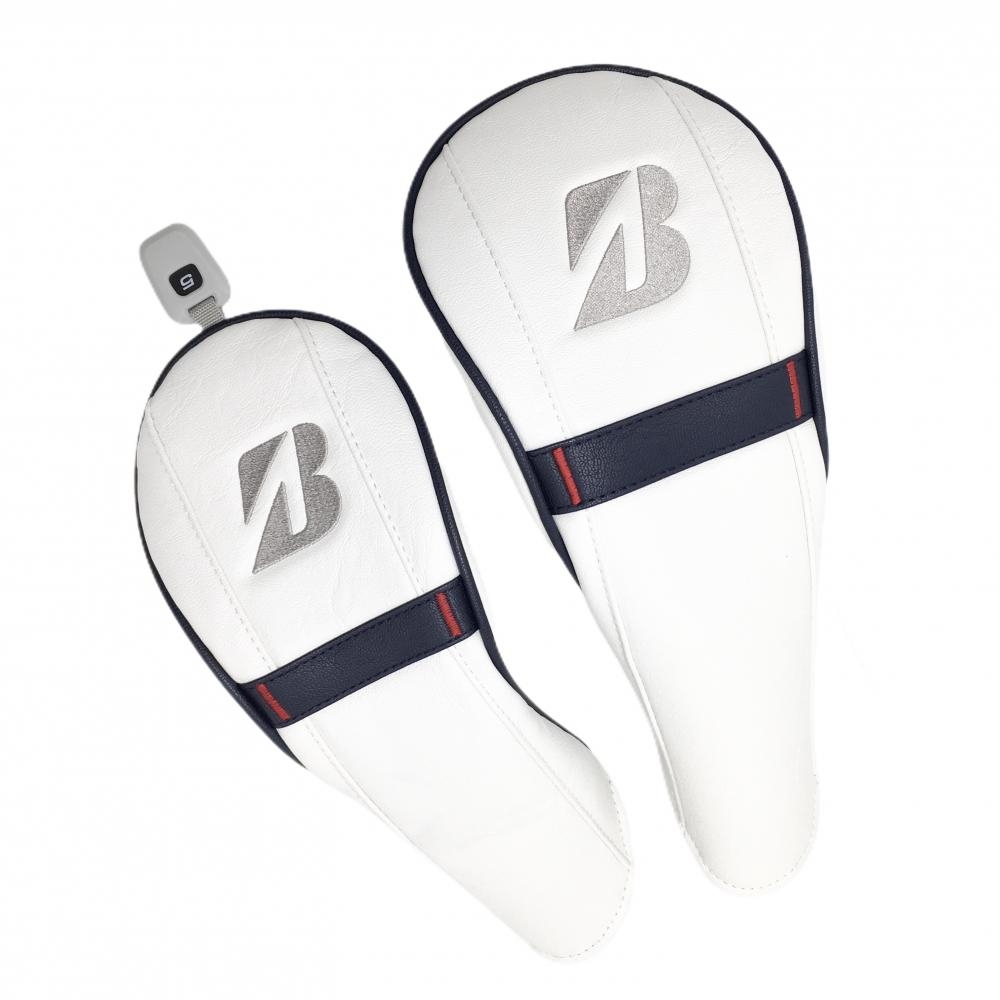 【超美品】ブリヂストン ヘッドカバー2点セット(DR FW) 白×ネイビー ロゴ刺しゅう ドライバー フェアウェイウッド ゴルフ Bridgestone