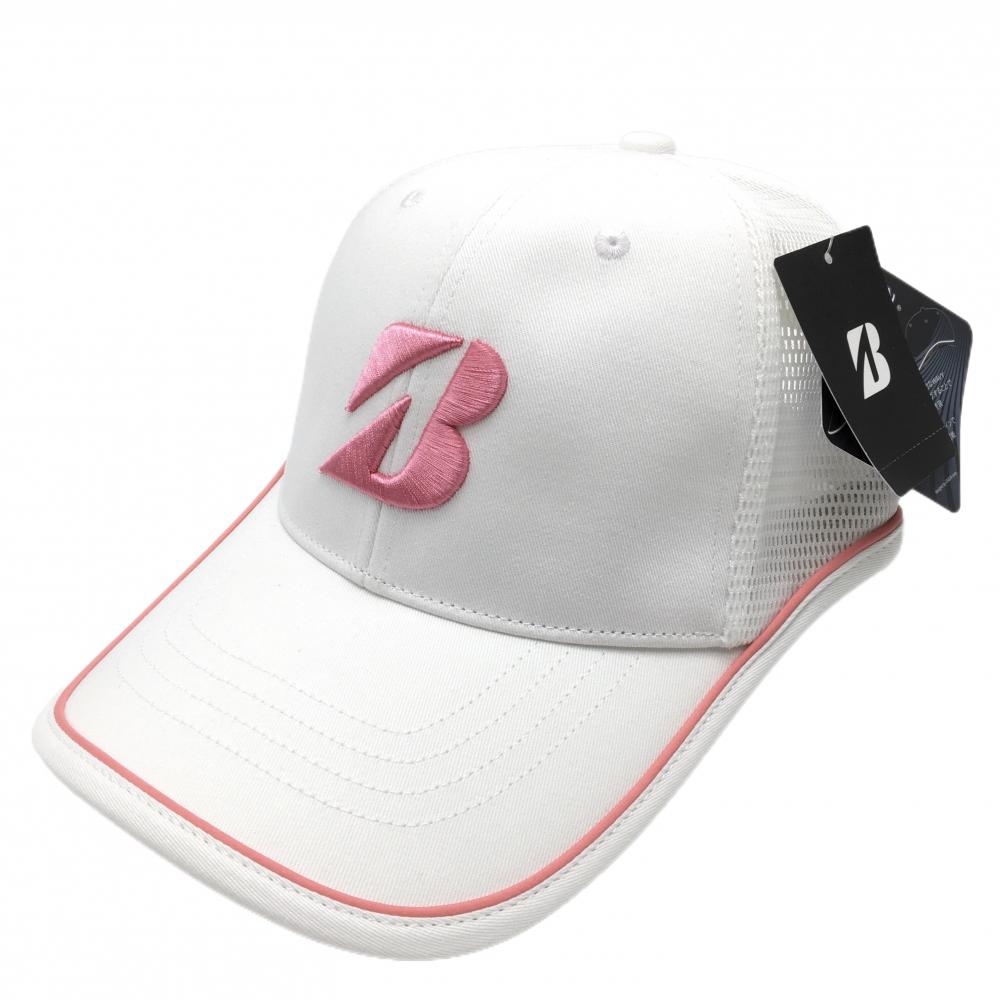 【新品】ブリヂストン メッシュキャップ 白×ピンク ロゴ刺しゅう ブランドタグ無 フリーサイズ(約55-58cm)   ゴルフウェア Bridgestone