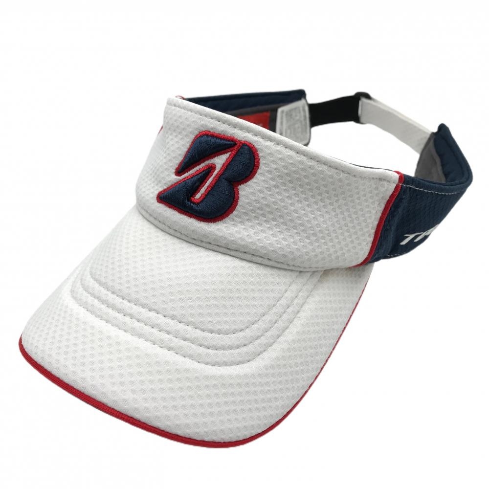 【美品】ブリヂストンゴルフ サンバイザー 白×ネイビー×レッド 立体ロゴ フリーサイズ(約56-59cm)  ゴルフウェア Bridgestone