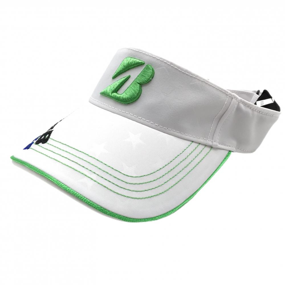 【超美品】ブリヂストンTOURB サンバイザー 白 星地模様 ロゴライトグリーン 56.5cm   ゴルフウェア Bridgestone