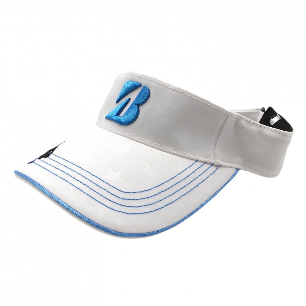 【美品】ブリヂストンTOURB サンバイザー 白 星地模様 ロゴライトブルー  56.5cm   ゴルフウェア Bridgestone