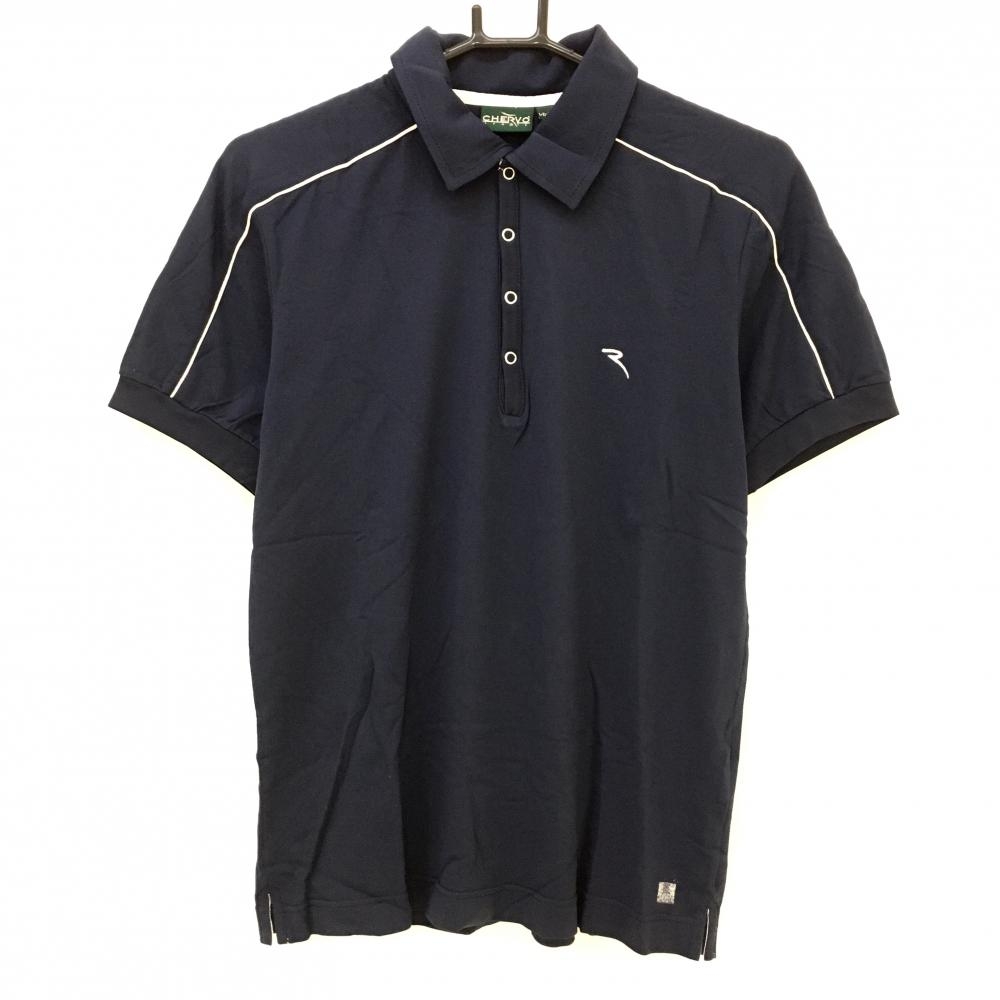 【美品】シェルボ 半袖ポロシャツ ネイビー×白 スナップボタン ナイロン混 メンズ M ゴルフウェア CHERVO