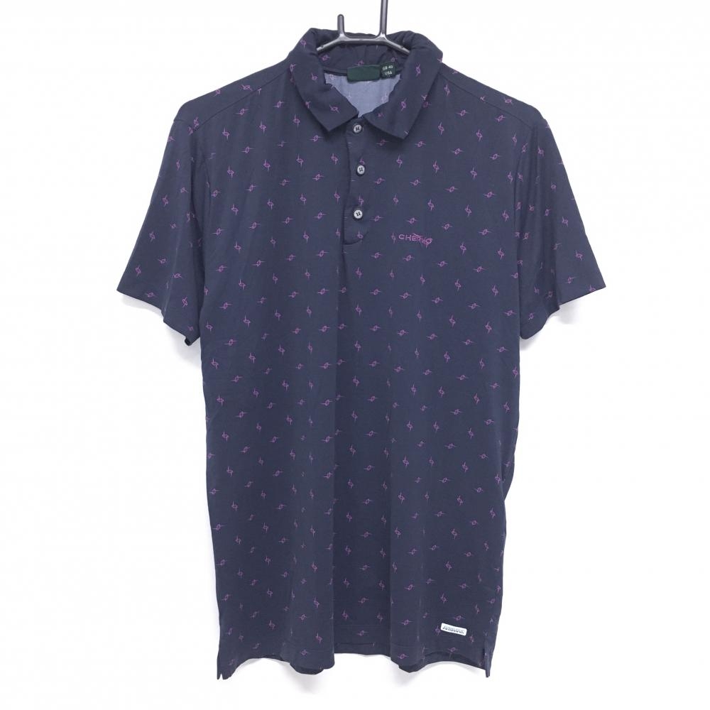 【美品】シェルボ 半袖ポロシャツ ネイビー×パープルピンク 総柄 ロゴ刺しゅう メンズ USM M ゴルフウェア CHERVO