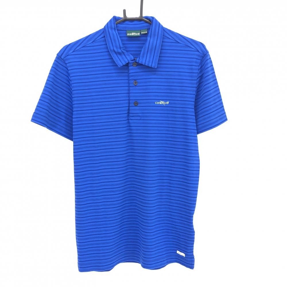 シェルボ 半袖ポロシャツ ブルー×ネイビー ボーダー SUNBLOCK メンズ M ゴルフウェア CHERVO