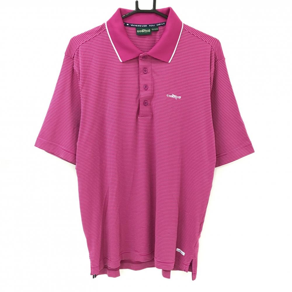 【美品】シェルボ 半袖ポロシャツ パープル系×白 ボーダー 胸ロゴ  メンズ USA-L ゴルフウェア CHERVO
