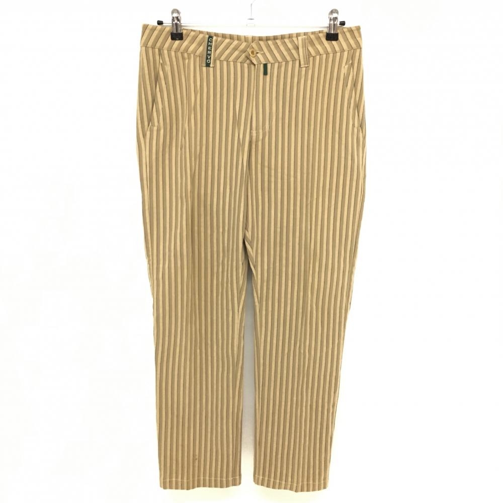 シェルボ パンツ ベージュ×ライトカーキ ストライプ柄 後ろロゴ刺しゅう  メンズ 42 ゴルフウェア CHERVO