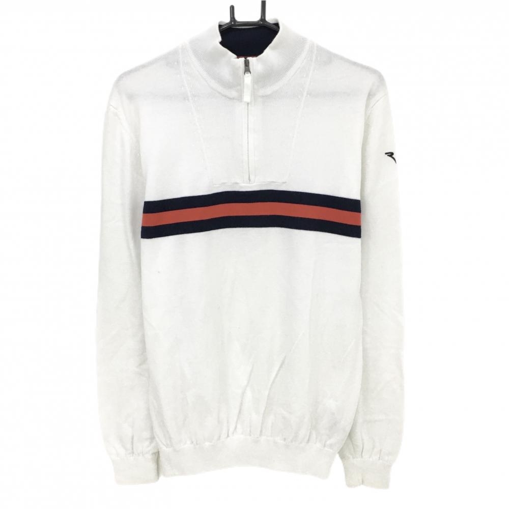 【美品】シェルボ ハイネックセーター 白×レッド×ネイビー ニット ハーフジップ 綿100％ メンズ US-M/L ゴルフウェア CHERVO