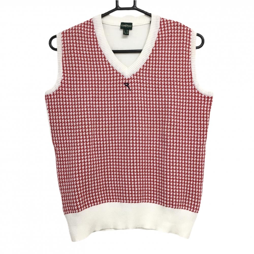 【超美品】シェルボ ニットベスト 白×レッド 前身頃千鳥格子 レディース USA-XS ゴルフウェア CHERVO