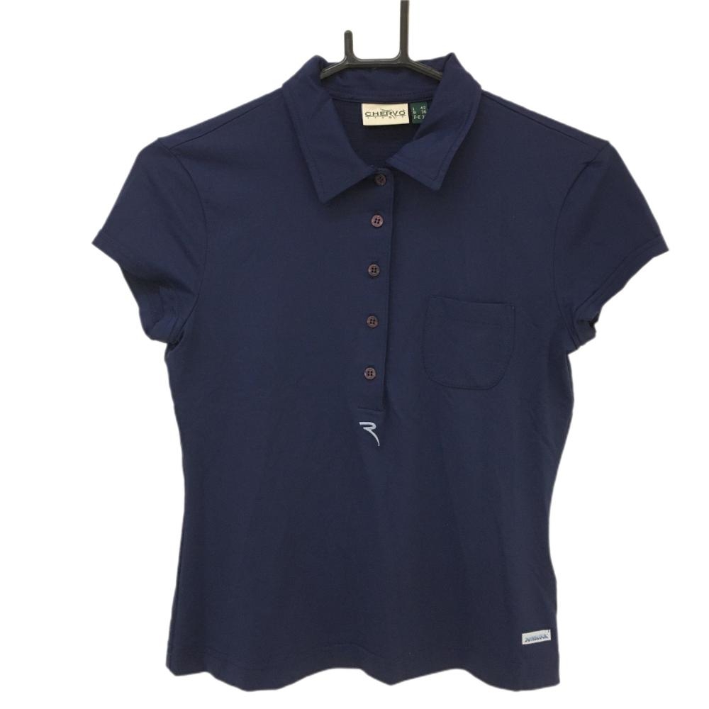 【美品】シェルボ 半袖ポロシャツ ネイビー 背面上部メッシュ SUNBLOCK レディース S ゴルフウェア CHERVO