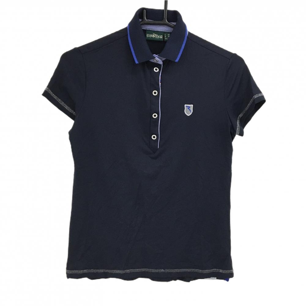 【美品】シェルボ 半袖ポロシャツ ネイビー スナップボタン ナイロン混  レディース S ゴルフウェア CHERVO