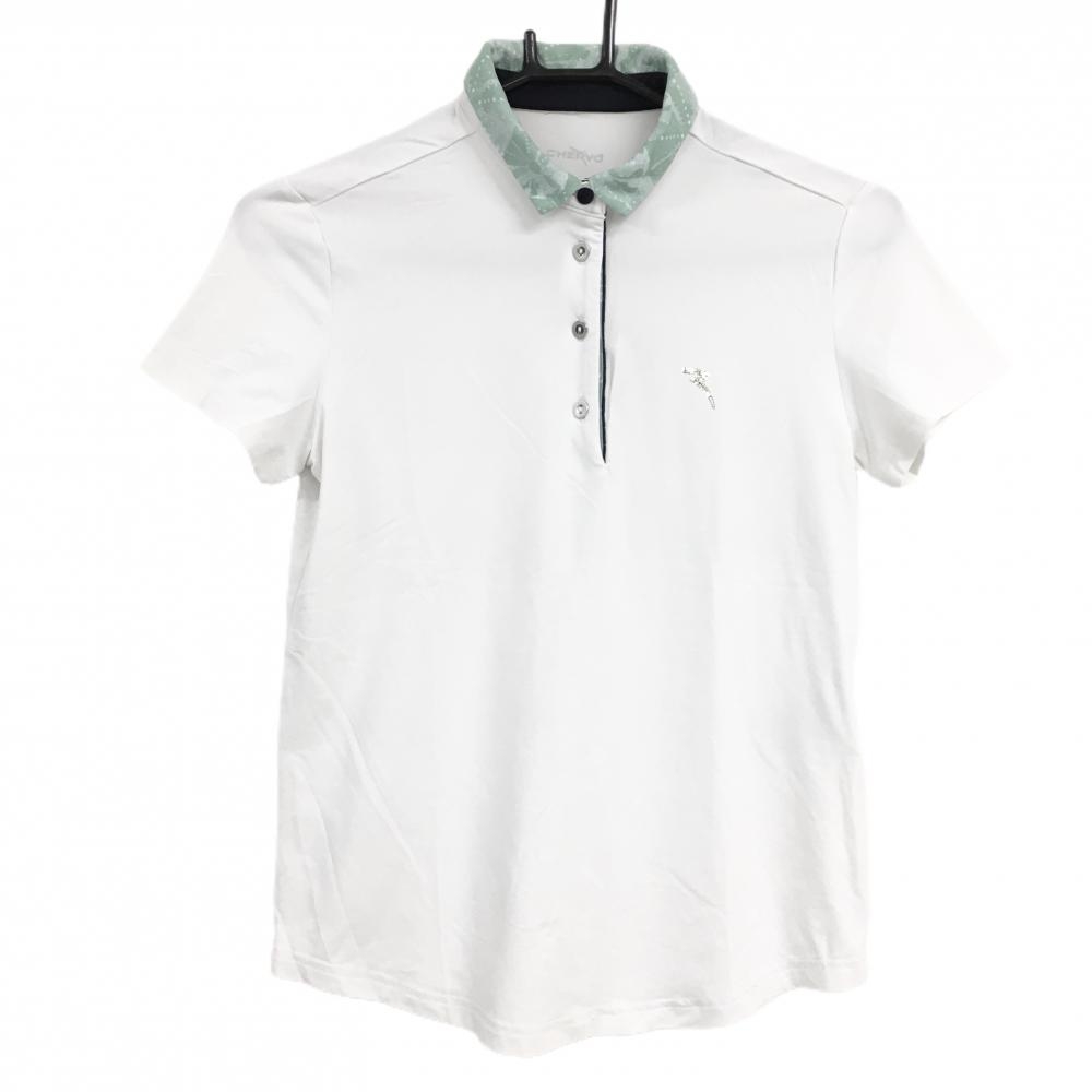 【美品】シェルボ 半袖ポロシャツ 白×ライトグリーン 襟総柄  レディース USA-XS/4 ゴルフウェア CHERVO