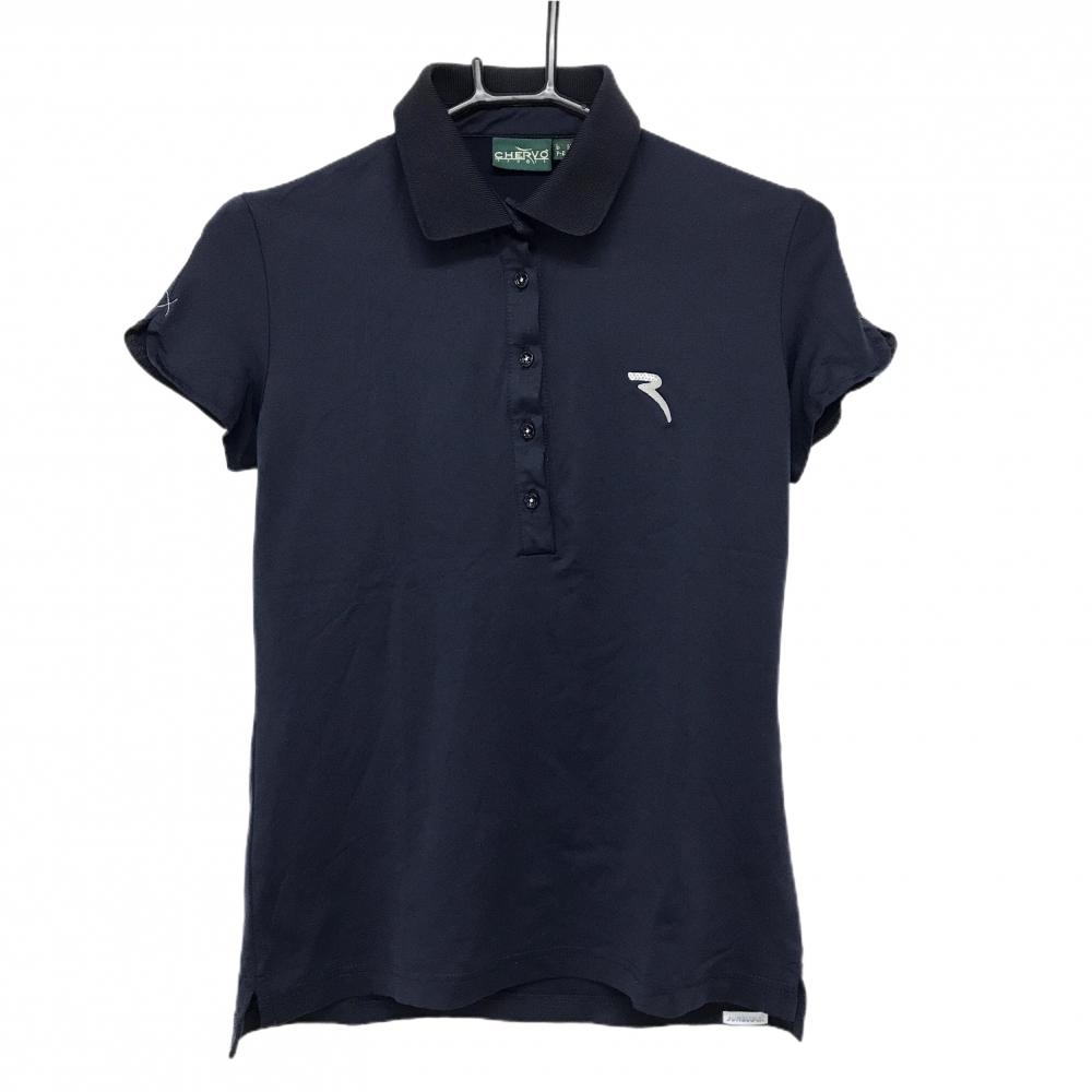 【美品】シェルボ 半袖ポロシャツ ネイビー ロゴシルバー レディース USA-S(M) ゴルフウェア CHERVO