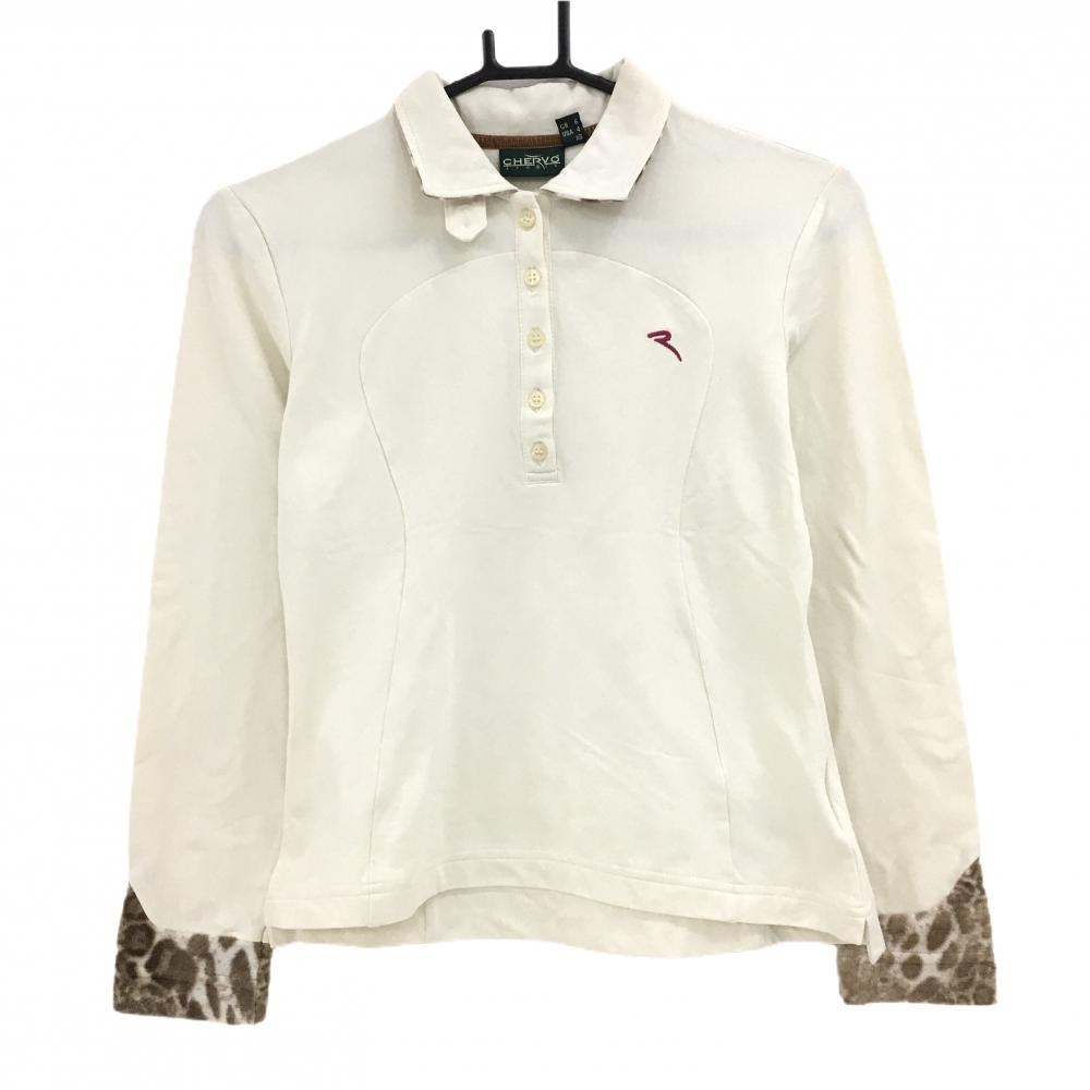 【美品】シェルボ 長袖ポロシャツ アイボリー×ブラウン 襟裏・袖口アニマル柄起毛 裏微起毛  レディース XS ゴルフウェア CHERVO