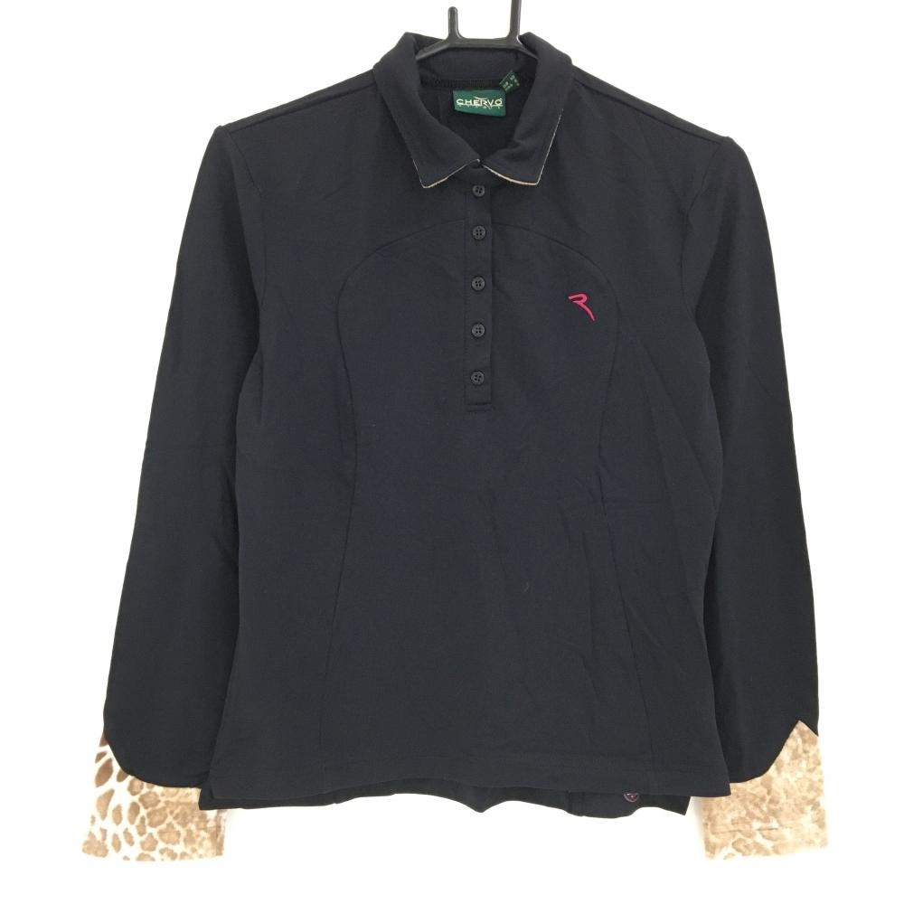 【超美品】シェルボ　長袖ポロシャツ  黒×ベージュ 襟裏・袖口レオパード柄 異素材切替 襟立て可 レディース S ゴルフウェア CHERVO
