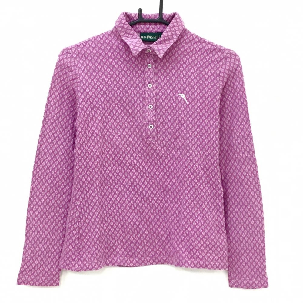 【美品】シェルボ 長袖ポロシャツ ピンク系×白 総柄 スナップボタン レディース S ゴルフウェア CHERVO