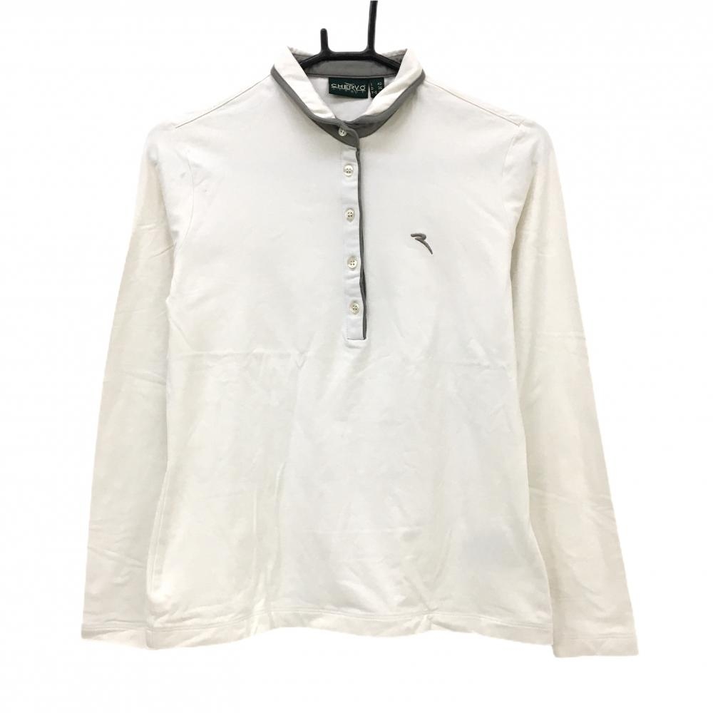 【美品】シェルボ 長袖ポロシャツ 白×グレー 裏微起毛 ロゴ刺しゅう レディース S ゴルフウェア CHERVO