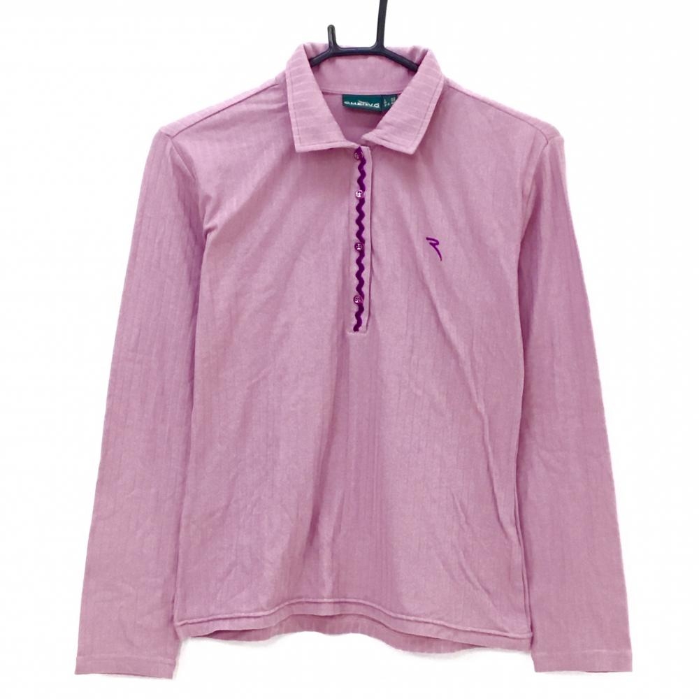 【超美品】シェルボ 長袖ポロシャツ スモーキーピンク×パープル ストライプ 裏微起毛 ロゴパープル レディース S ゴルフウェア CHERVO
