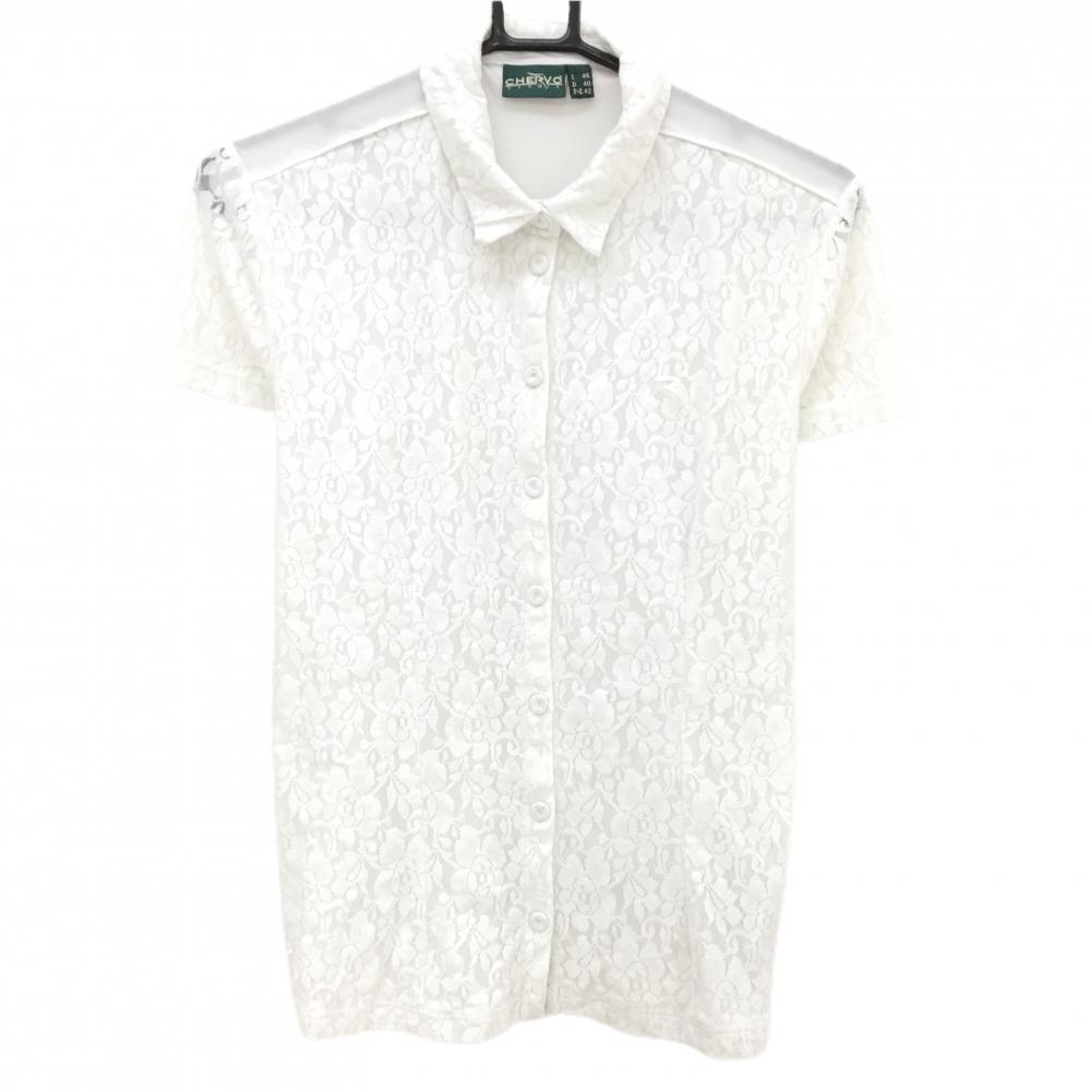【美品】シェルボ 半袖シャツ 白 花柄レース レディース M ゴルフウェア CHERVO