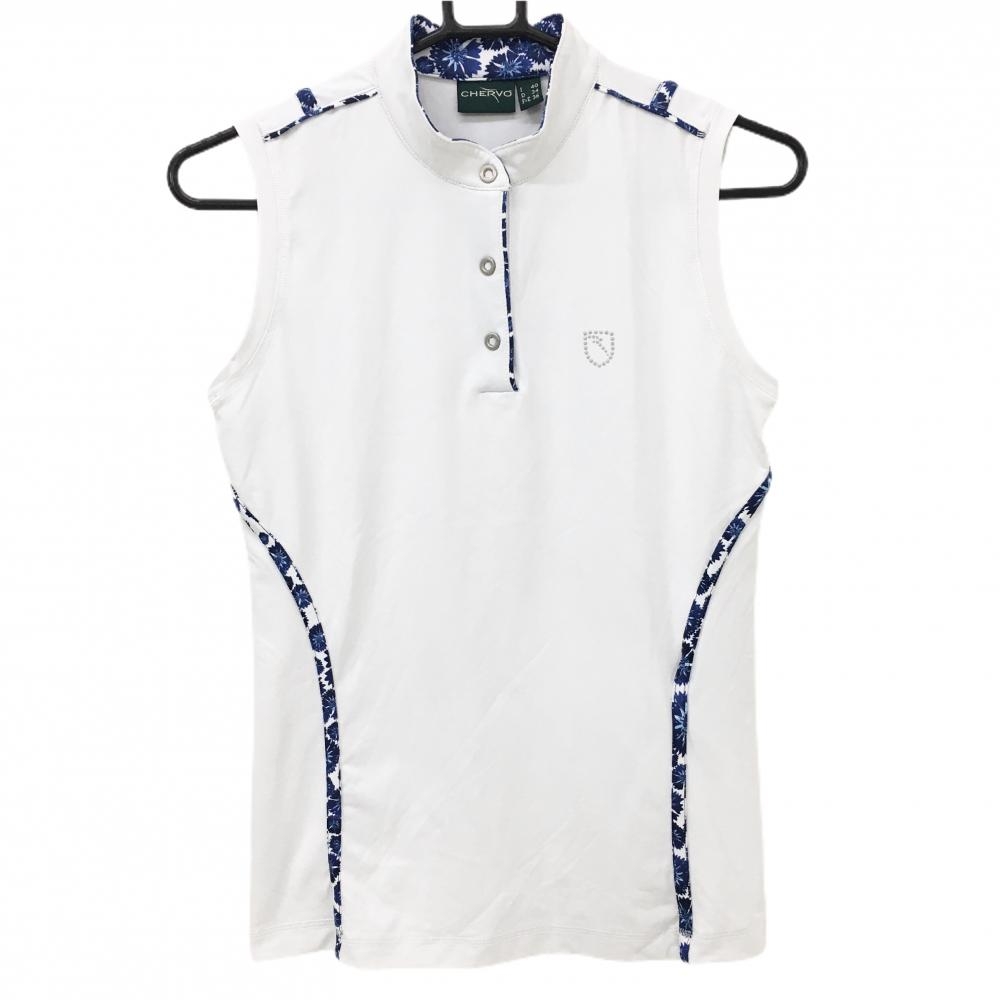 【超美品】シェルボ ノースリーブハイネックシャツ 白×ネイビー ネック裏花柄 レディース USA-XS 4 ゴルフウェア CHERVO