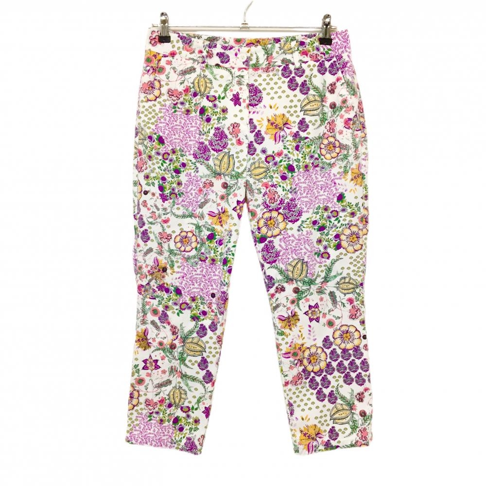 【超美品】シェルボ ストレッチパンツ 白×パープル×マルチカラー 花柄 ナイロン混 レディース S ゴルフウェア CHERVO