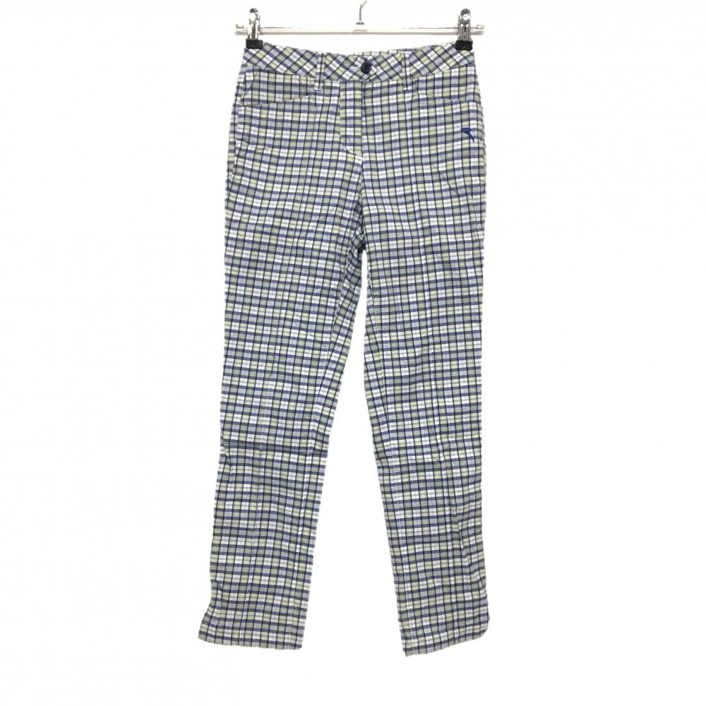 【美品】シェルボ パンツ 白×ライトグリーン チェック柄 ラメ糸混 ロゴ刺しゅう ストレッチ  レディース XS ゴルフウェア CHERVO