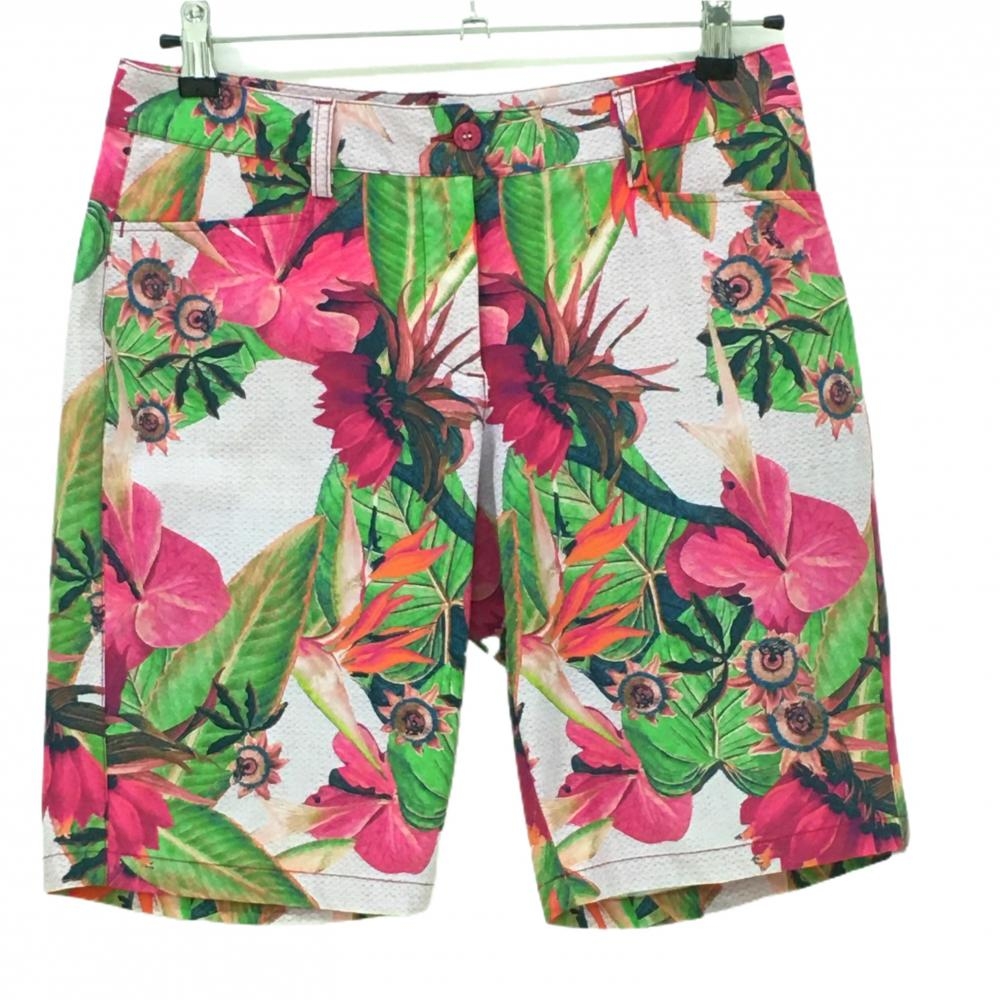 【超美品】シェルボ ハーフパンツ ピンク×グリーン ボタニカル柄 ストレッチ レディース S ゴルフウェア CHERVO