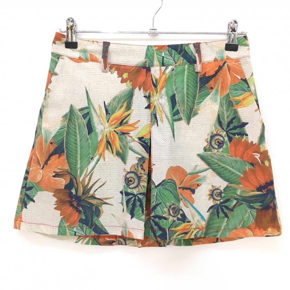 【超美品】シェルボ キュロットスカート ベージュ×グリーン×オレンジ 総柄 リーフ 花 ストレッチ レディース USA-XS ゴルフウェア CHERVO