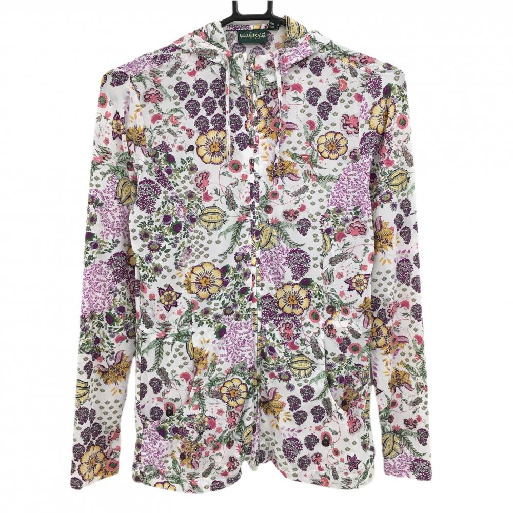 【超美品】シェルボ ジップパーカー 白×マルチカラー 花総柄 薄手 チュニック丈  レディース USA-XS ゴルフウェア CHERVO
