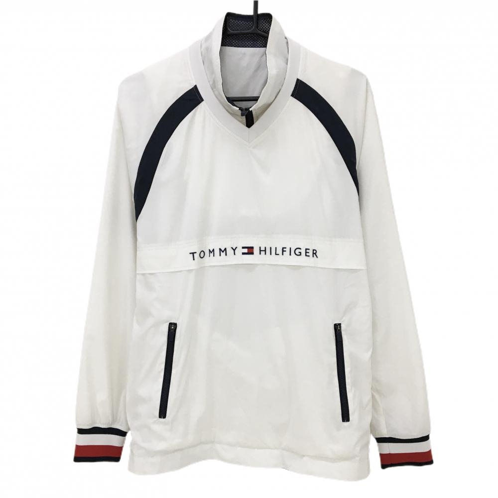 【美品】トミーヒルフィガー 2WAYスニード 白×ネイビー ロゴ刺しゅう メンズ L ゴルフウェア Tommy Hilfiger Golf