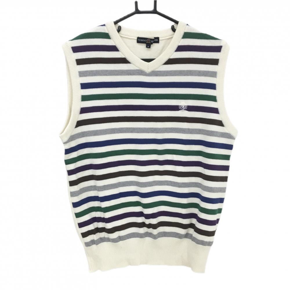 【美品】トミーヒルフィガー ニットベスト 白×マルチカラー 前身頃ボーダー コットン100％  メンズ M ゴルフウェア Tommy Hilfiger Golf