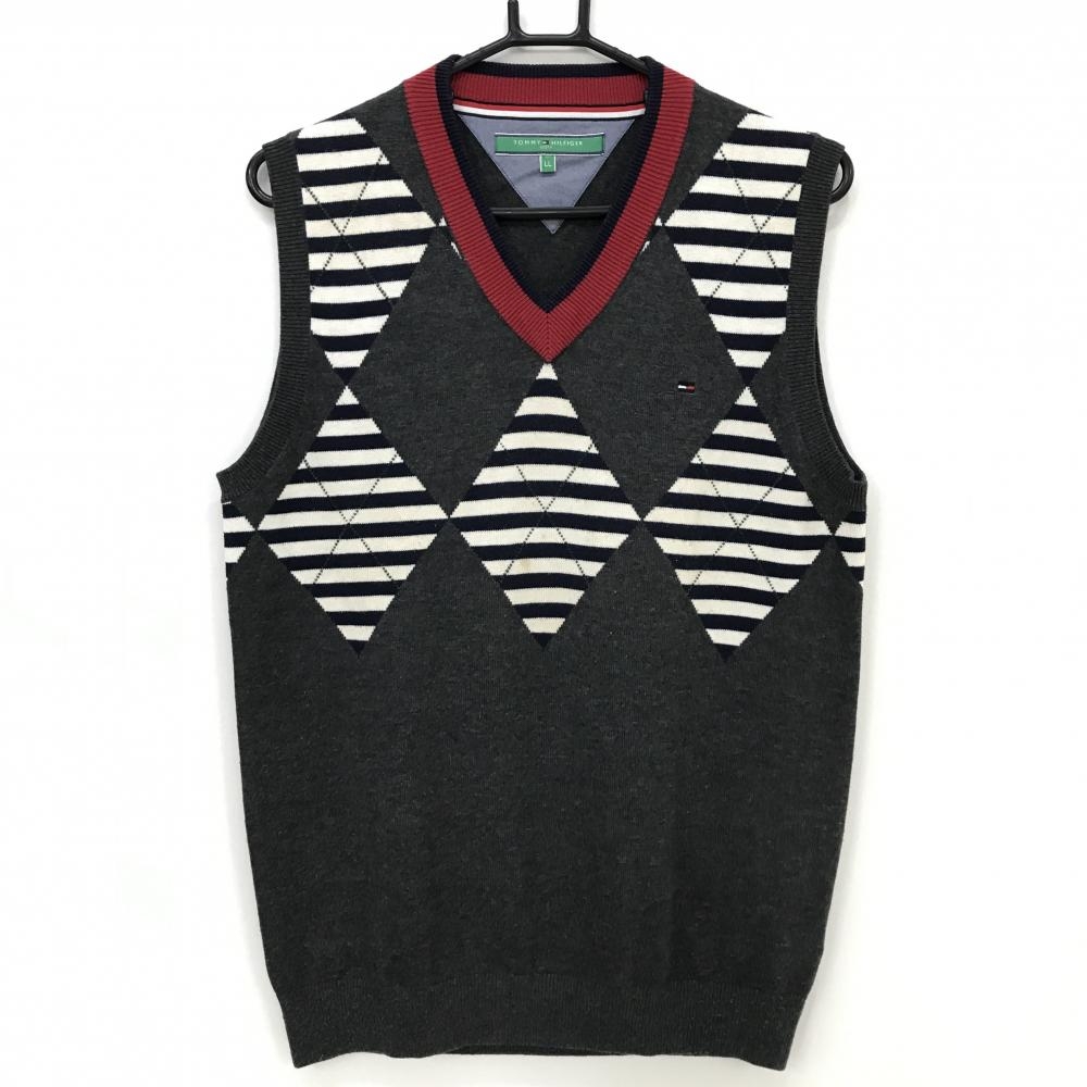 トミーヒルフィガー ニットベスト グレー×ネイビー×レッド Vネック アーガイル風 メンズ LL ゴルフウェア Tommy Hilfiger Golf