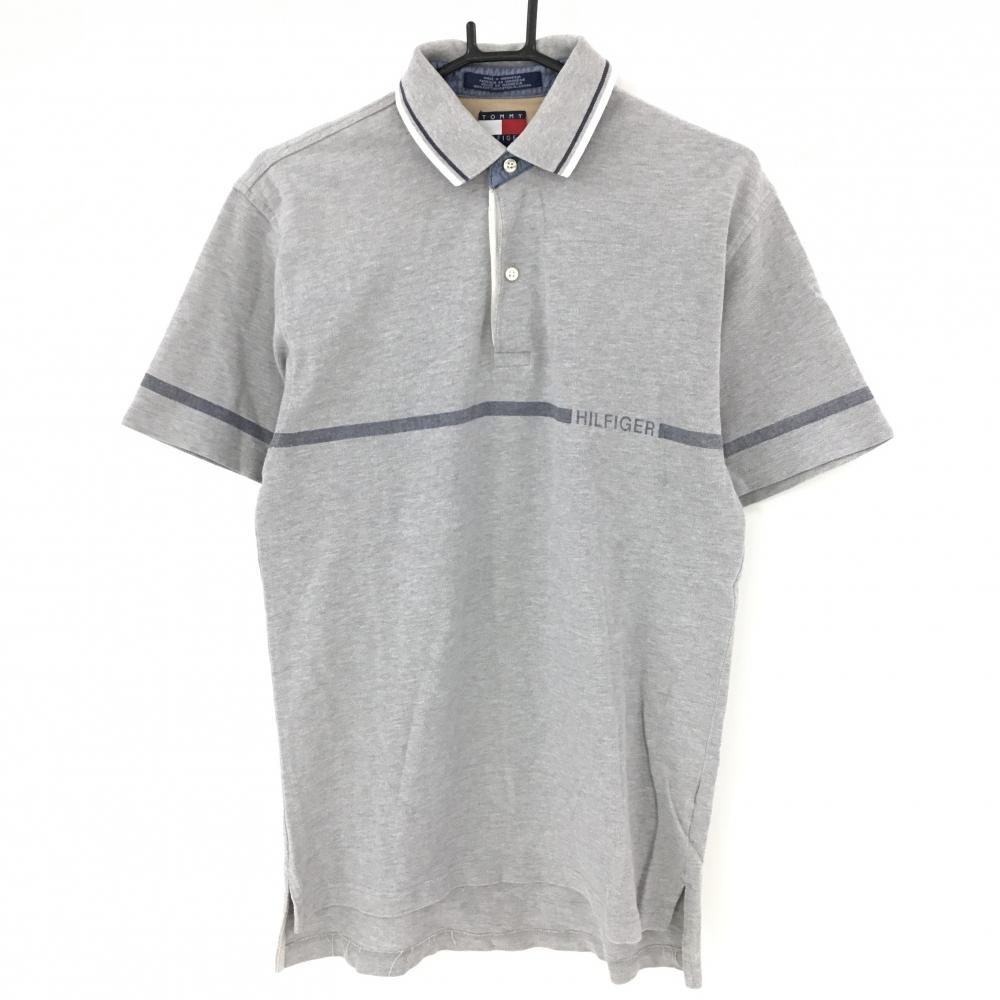 トミーヒルフィガー 半袖ポロシャツ グレー×ネイビー ロゴプリント メンズ S ゴルフウェア Tommy Hilfiger Golf 画像