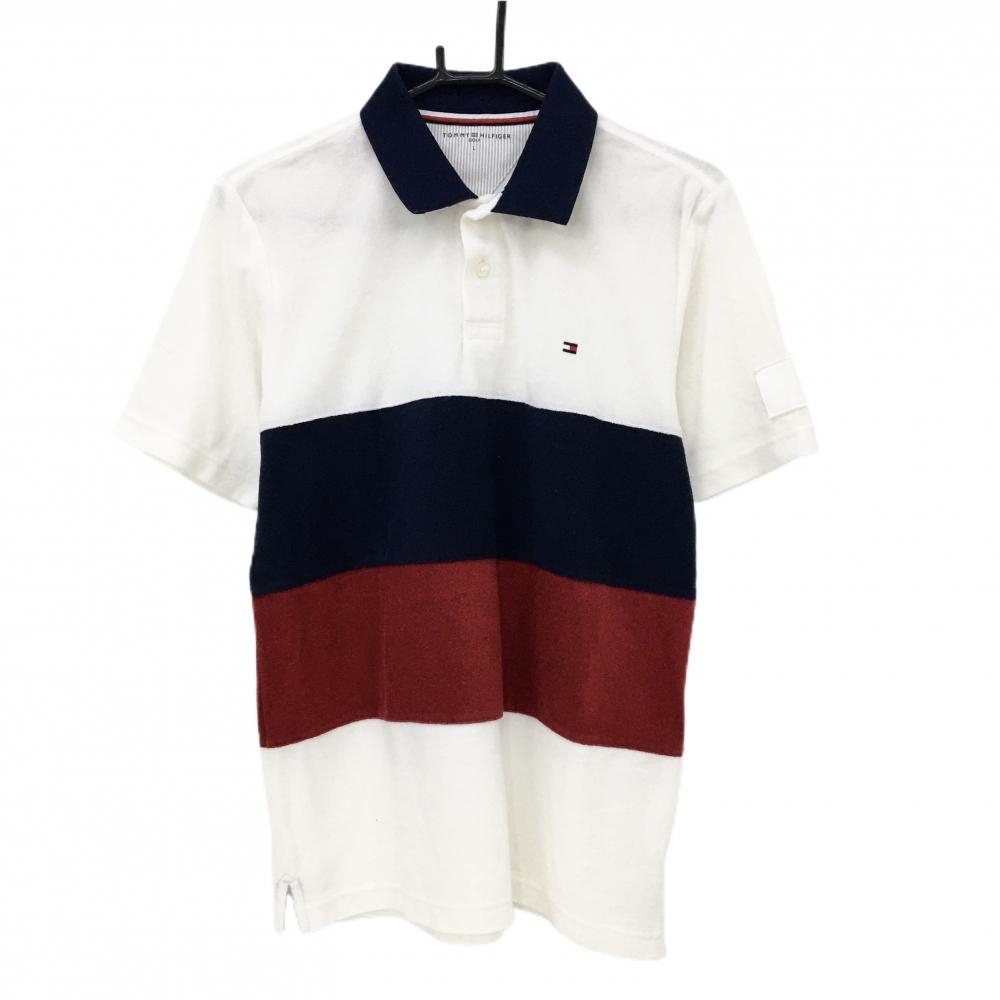 【美品】トミーヒルフィガーゴルフ 半袖ポロシャツ 白×ネイビー×レッド パイル地  メンズ L ゴルフウェア Tommy Hilfiger Golf