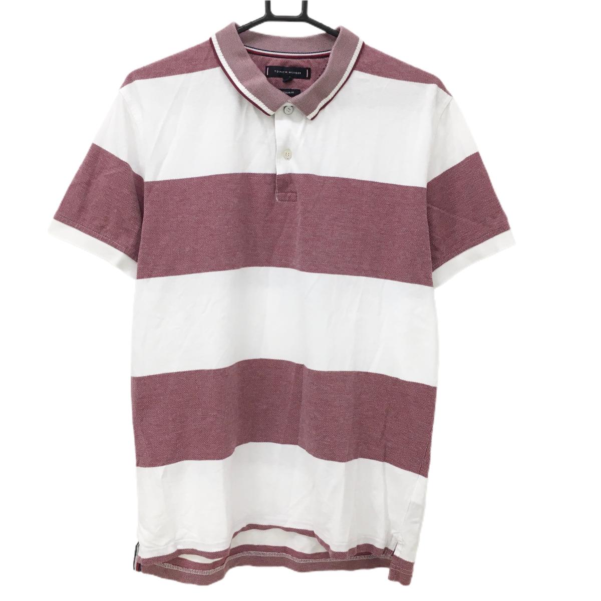 トミーヒルフィガー 半袖ポロシャツ 白×ボルドー系 ボーダー REGULAR FIT コットン100％ メンズ L ゴルフウェア Tommy Hilfiger Golf