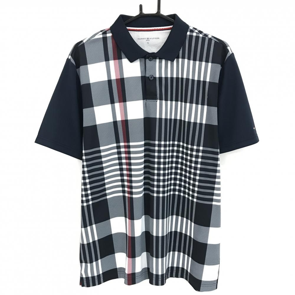 トミーヒルフィガー 半袖ポロシャツ 黒×白 身頃チェック 袖ネイビー メンズ XL ゴルフウェア Tommy Hilfiger Golf