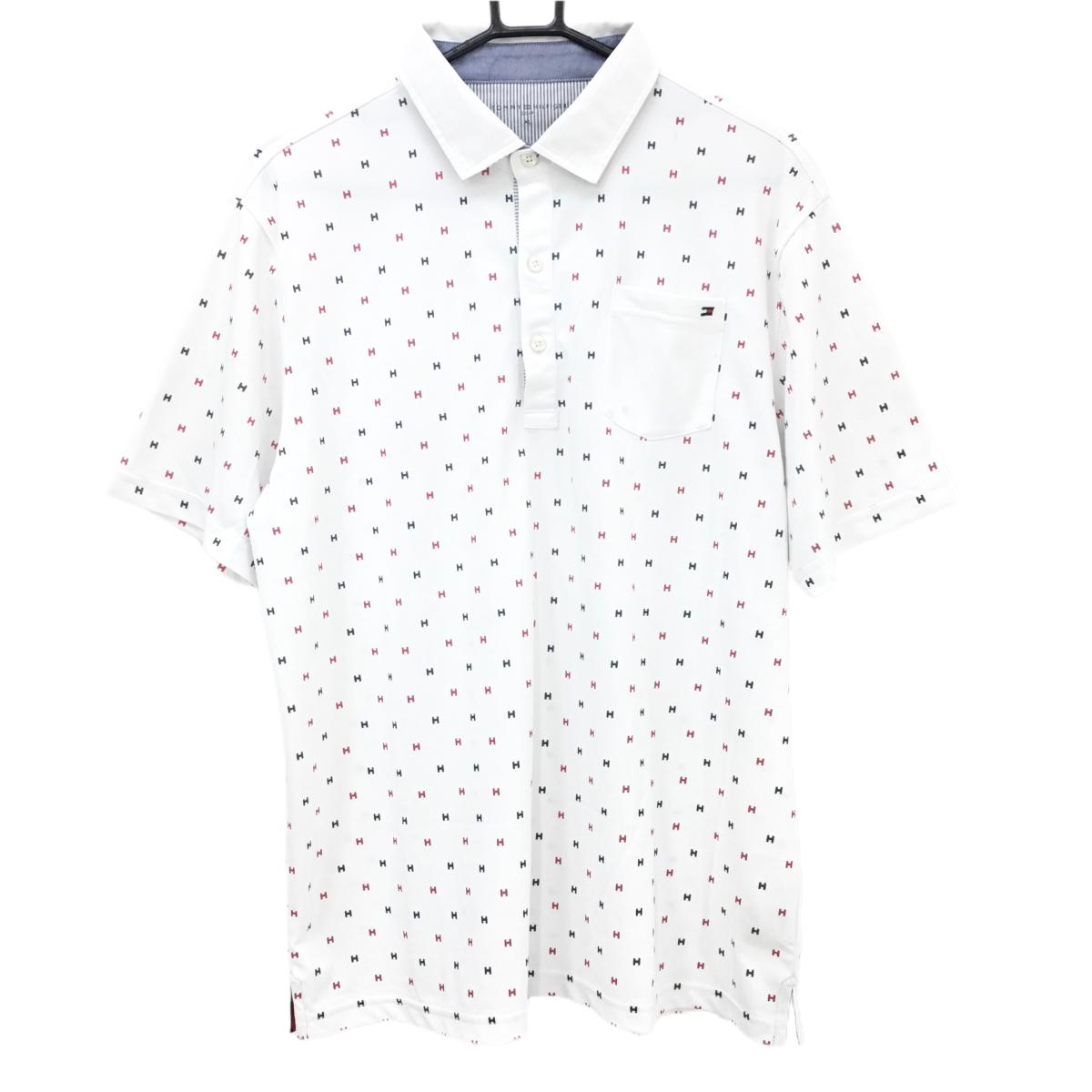 トミーヒルフィガー 半袖ポロシャツ 白×ネイビー×レッド 総柄 胸ポケット  メンズ XL ゴルフウェア Tommy Hilfiger Golf