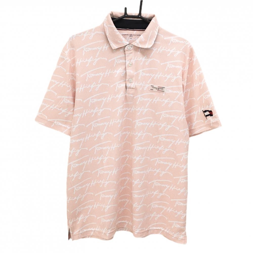 トミーヒルフィガー 半袖ポロシャツ サーモンピンク×白 ロゴ ストライプ  メンズ XL ゴルフウェア Tommy Hilfiger Golf