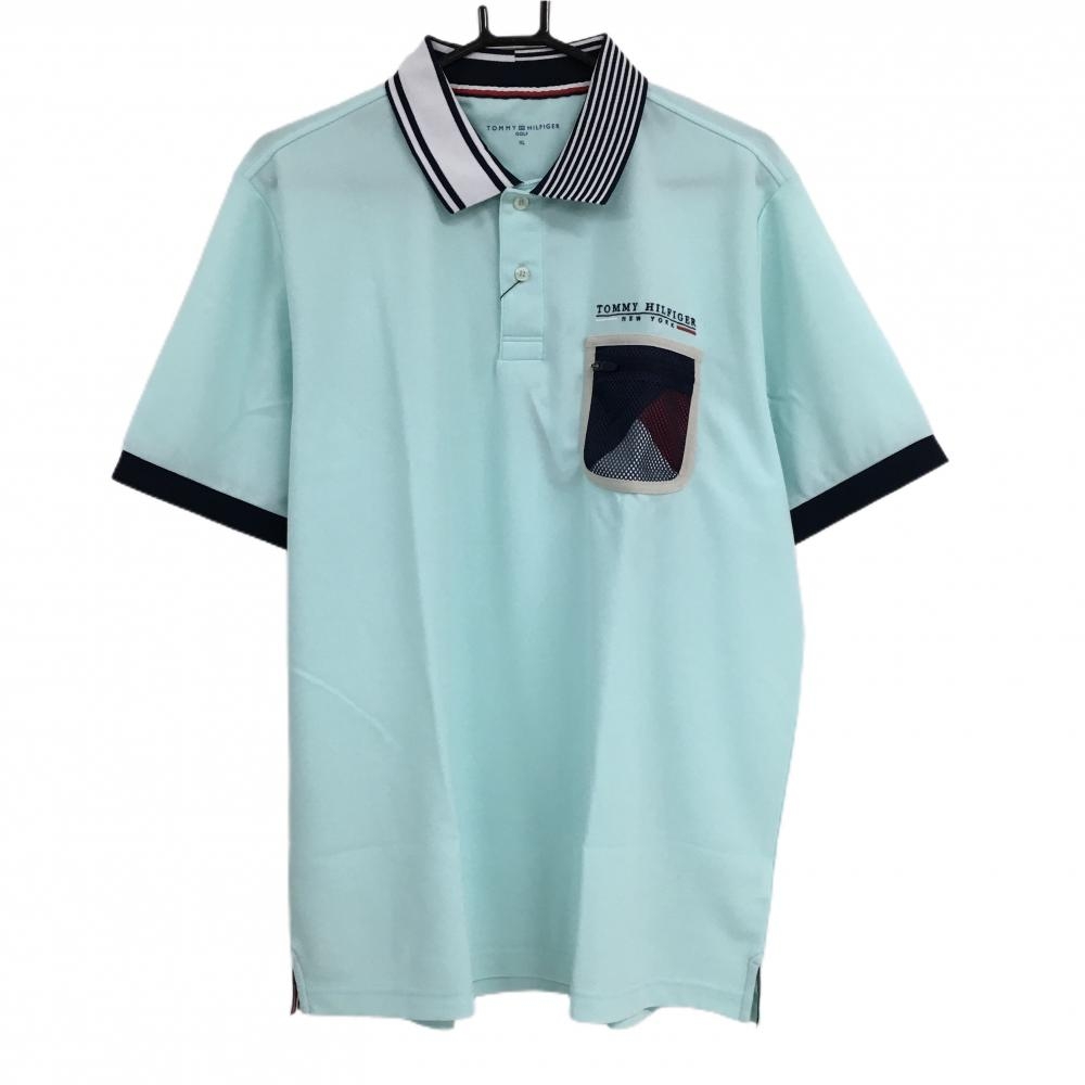 【新品】トミーヒルフィガー 半袖ポロシャツ ミントブルー×ネイビー 胸メッシュポケット メンズ XL ゴルフウェア Tommy Hilfiger Golf