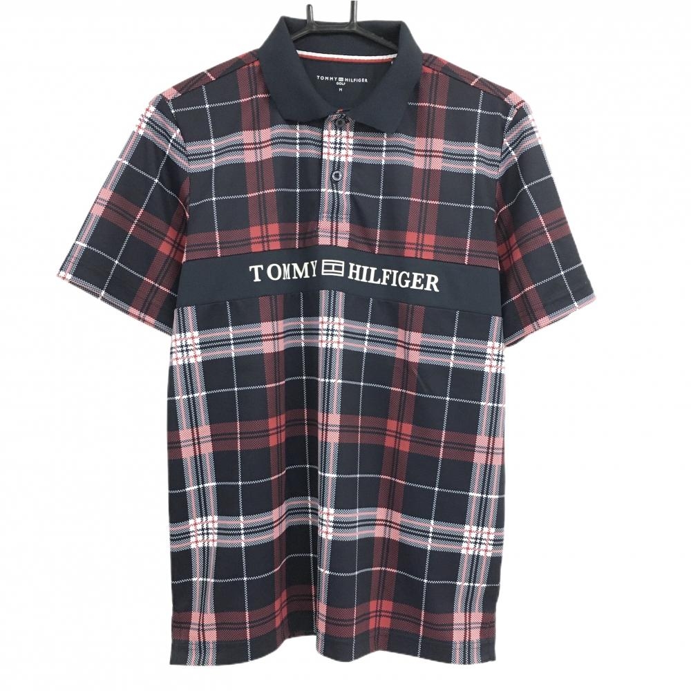 【超美品】トミーヒルフィガーゴルフ 半袖ポロシャツ 黒×レッド×白 チェック 襟裏ボーダー  メンズ M ゴルフウェア Tommy Hilfiger Golf