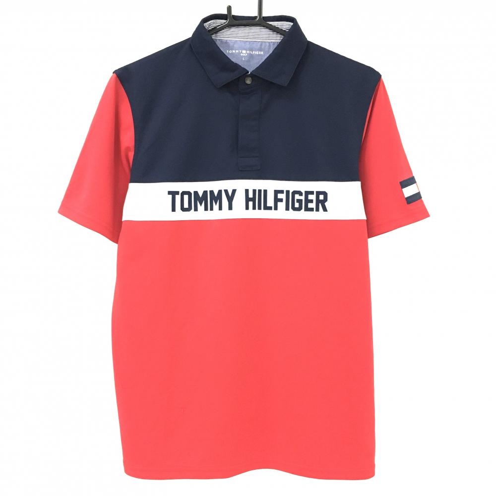 トミーヒルフィガー 半袖ポロシャツ レッド×ネイビー×白 胸ロゴ 襟裏トリコロール メンズ L ゴルフウェア Tommy Hilfiger Golf